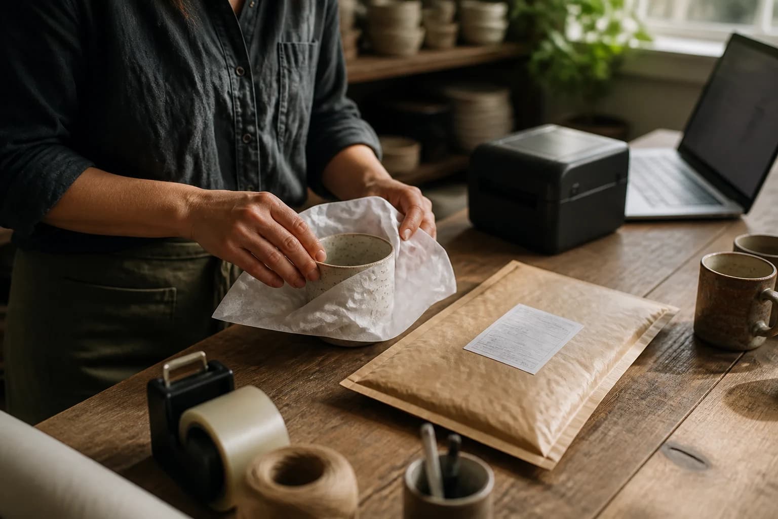 Merchant wrapping an Arc Mug for fulfillment.