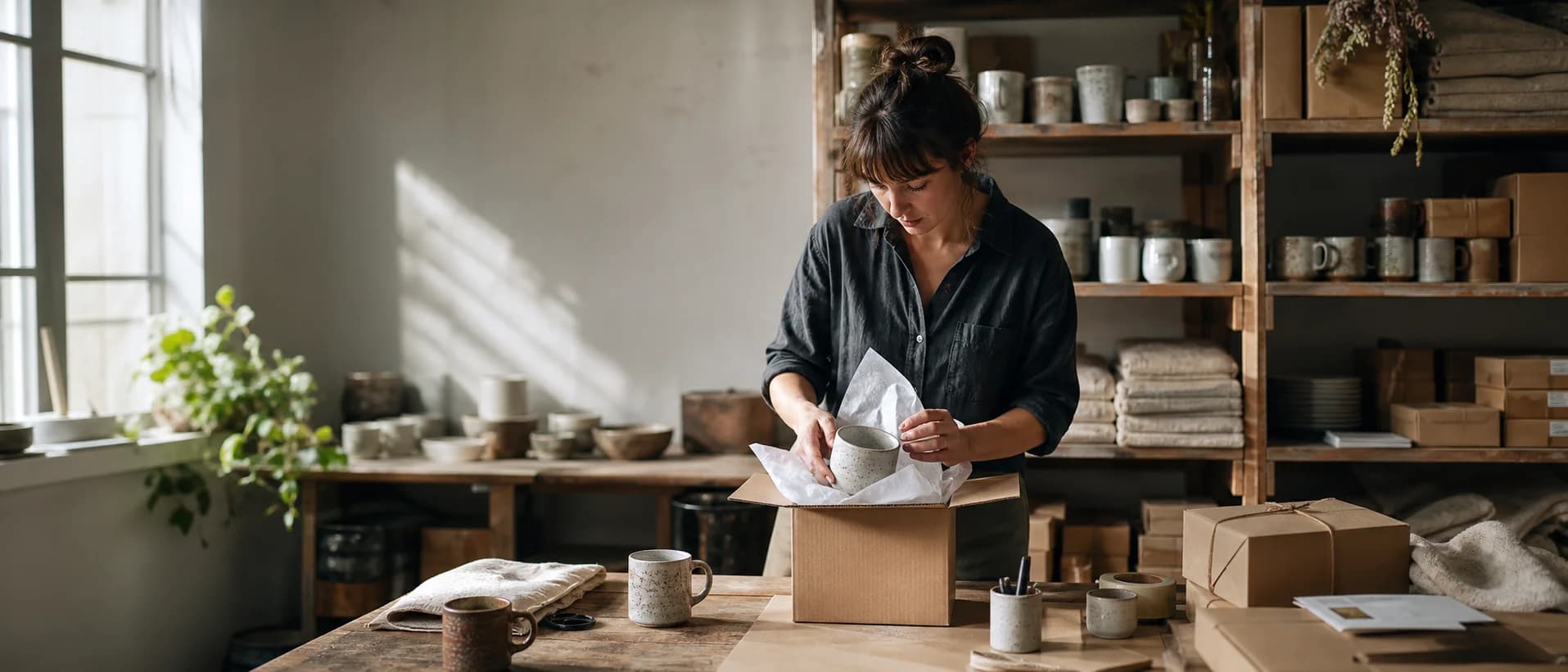 A home-goods merchant folding tissue around a ceramic cup at a packing table inside her working studio